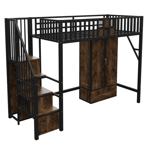 Cama alta metálica 90x200 - Design com grade de madeira e grade metálica, com armário, gavetas e escada de armazenamento, Preto