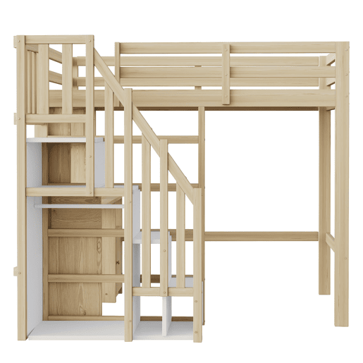 Cama loft 90x200 cm - Secretária com prateleiras e armários, escada de segurança com arrumação - Cor madeira