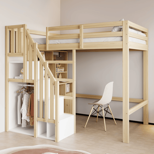 Cama loft 90x200 cm - Secretária com prateleiras e armários, escada de segurança com arrumação - Cor madeira