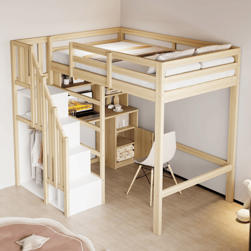 Cama loft 90x200 cm - Secretária com prateleiras e armários, escada de segurança com arrumação - Cor madeira