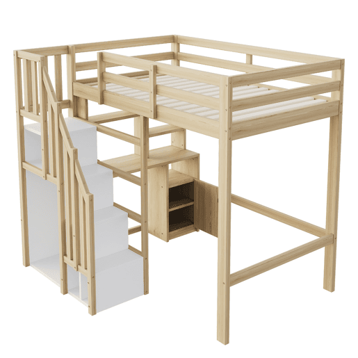 Cama loft 90x200 cm - Secretária com prateleiras e armários, escada de segurança com arrumação - Cor madeira