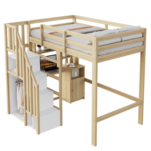 Cama loft 90x200 cm - Secretária com prateleiras e armários, escada de segurança com arrumação - Cor madeira