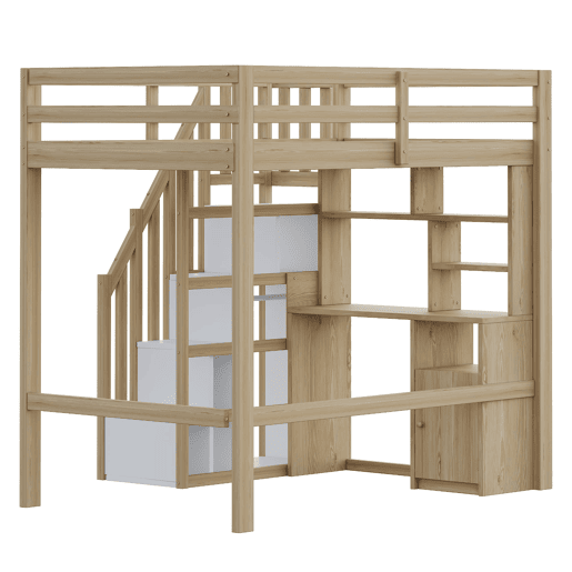 Cama loft 90x200 cm - Secretária com prateleiras e armários, escada de segurança com arrumação - Cor madeira