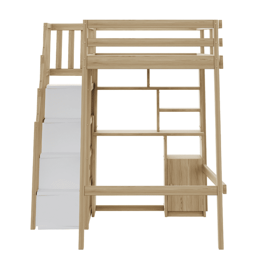 Cama loft 90x200 cm - Secretária com prateleiras e armários, escada de segurança com arrumação - Cor madeira
