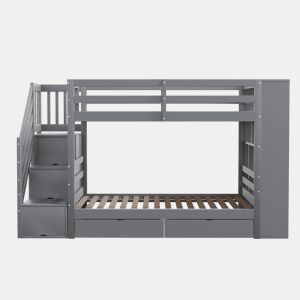 Beliche 90x200 cm - Escada de segurança com arrumação, gavetas e compartimentos grandes - Cinza