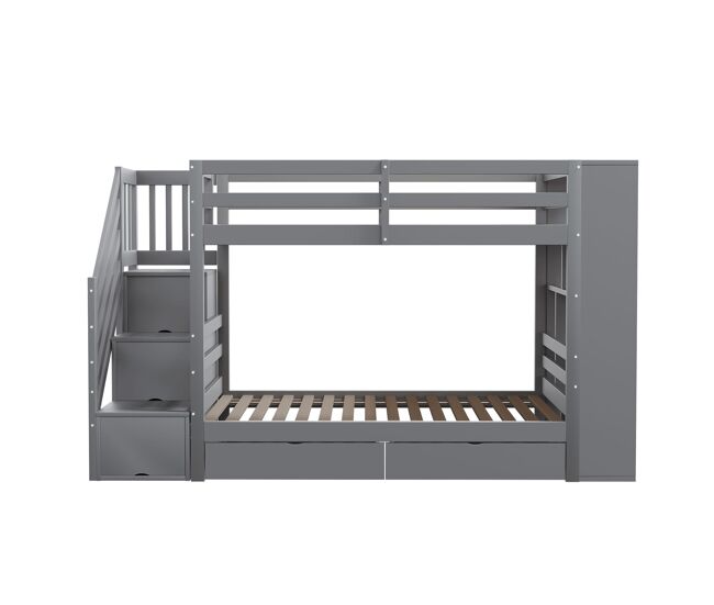Litera 90x200 cm - escalera de seguridad con almacenamiento, cajones y compartimentos grandes - gris
