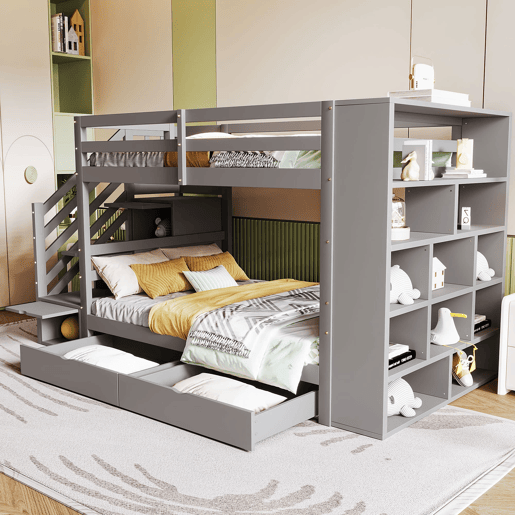 Beliche 90x200 cm - Escada de segurança com arrumação, gavetas e compartimentos grandes - Cinza