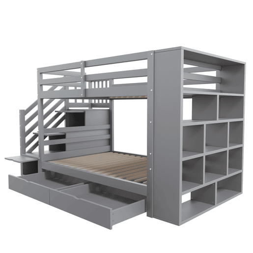 Beliche 90x200 cm - Escada de segurança com arrumação, gavetas e compartimentos grandes - Cinza
