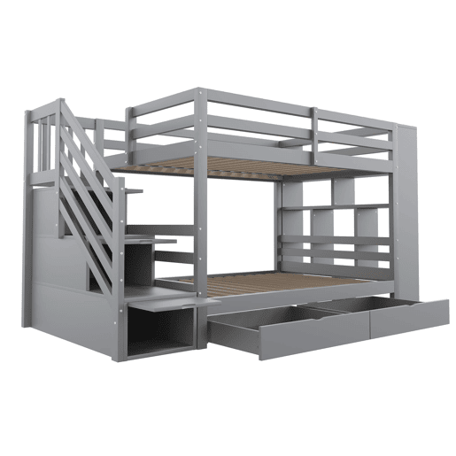Beliche 90x200 cm - Escada de segurança com arrumação, gavetas e compartimentos grandes - Cinza
