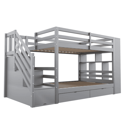 Beliche 90x200 cm - Escada de segurança com arrumação, gavetas e compartimentos grandes - Cinza