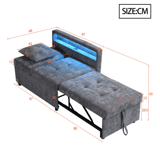 Sofá-cama 3 em 1 - Sofá de linho com encosto ajustável, braços com luz LED e portas USB - Cinza claro