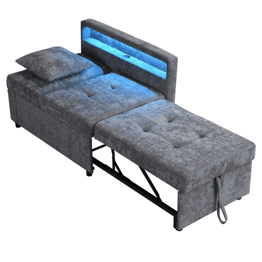 Sofá-cama 3 em 1 - Sofá de linho com encosto ajustável, braços com luz LED e portas USB - Cinza claro