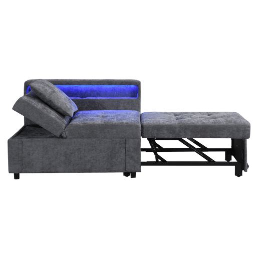 Sofá-cama 3 em 1 - Sofá de linho com encosto ajustável, braços com luz LED e portas USB - Cinza claro