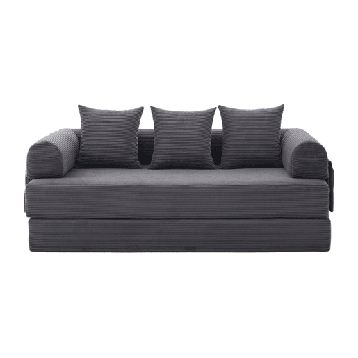 Sofá dobrável de 3 lugares - Estrutura metálica, 3 almofadas, com bolsos - Cinza escuro Sofá dobrável de 3 lugares - Estrutura metálica, 3 almofadas, com bolsos - Cinza escuro