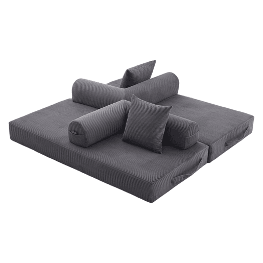 Sofá dobrável de 3 lugares - Estrutura metálica, 3 almofadas, com bolsos - Cinza escuro Sofá dobrável de 3 lugares - Estrutura metálica, 3 almofadas, com bolsos - Cinza escuro