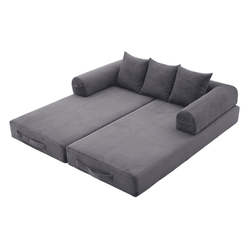 Sofá dobrável de 3 lugares - Estrutura metálica, 3 almofadas, com bolsos - Cinza escuro Sofá dobrável de 3 lugares - Estrutura metálica, 3 almofadas, com bolsos - Cinza escuro