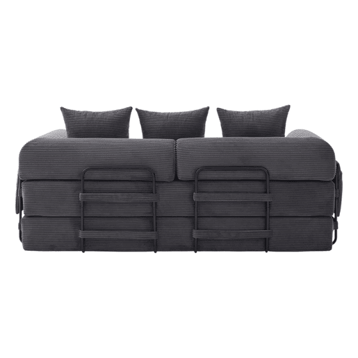 Sofá dobrável de 3 lugares - Estrutura metálica, 3 almofadas, com bolsos - Cinza escuro Sofá dobrável de 3 lugares - Estrutura metálica, 3 almofadas, com bolsos - Cinza escuro