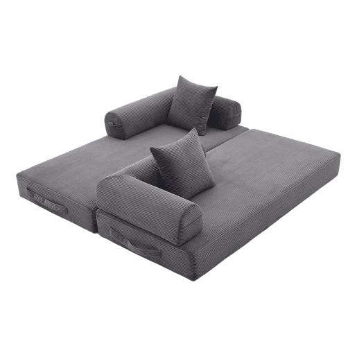 Sofá dobrável de 3 lugares - Estrutura metálica, 3 almofadas, com bolsos - Cinza escuro Sofá dobrável de 3 lugares - Estrutura metálica, 3 almofadas, com bolsos - Cinza escuro