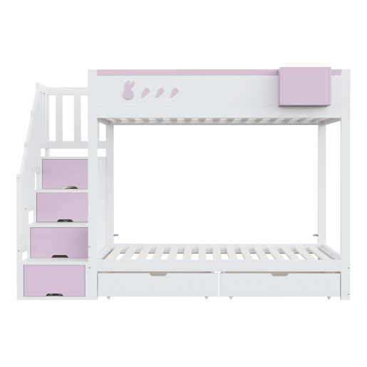 Beliche infantil 90x200 cm - Motivos de coelho e cenouras, prateleira removível, escada segura, com gavetas - Branco + Rosa
