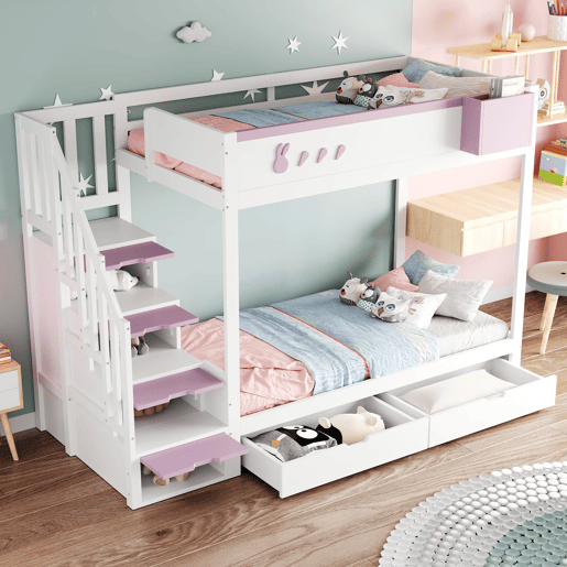 Beliche infantil 90x200 cm - Motivos de coelho e cenouras, prateleira removível, escada segura, com gavetas - Branco + Rosa