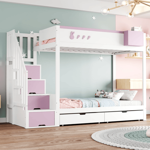 Beliche infantil 90x200 cm - Motivos de coelho e cenouras, prateleira removível, escada segura, com gavetas - Branco + Rosa