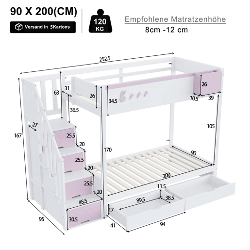 Beliche infantil 90x200 cm - Motivos de coelho e cenouras, prateleira removível, escada segura, com gavetas - Branco + Rosa