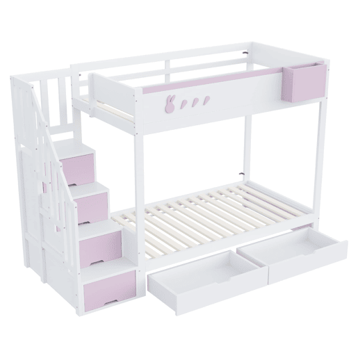 Beliche infantil 90x200 cm - Motivos de coelho e cenouras, prateleira removível, escada segura, com gavetas - Branco + Rosa
