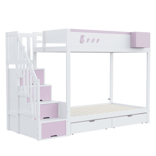 Beliche infantil 90x200 cm - Motivos de coelho e cenouras, prateleira removível, escada segura, com gavetas - Branco + Rosa