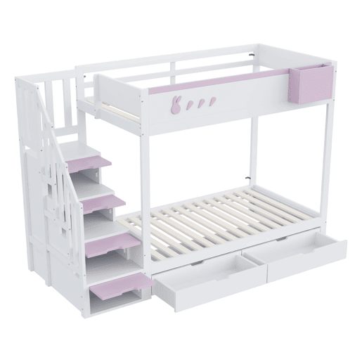 Beliche infantil 90x200 cm - Motivos de coelho e cenouras, prateleira removível, escada segura, com gavetas - Branco + Rosa