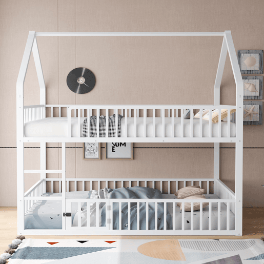 Cama beliche infantil 140x200 - com escada, design loft, cama inferior com porta, branca
