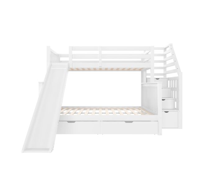Cama literas 90x200 sobre 140x200 - con cajones, almacenamiento y tobogán - blanco