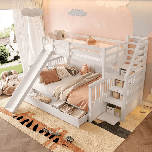 Cama beliche 90x200 sobre 140x200 - com gavetas, arrumação e escorregador - branco