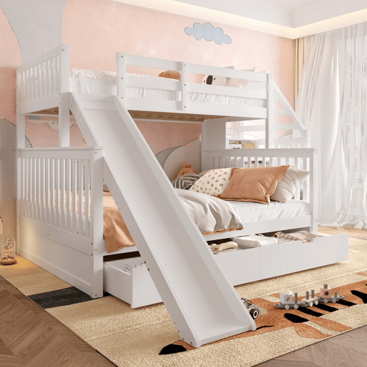 Cama beliche 90x200 sobre 140x200 - com gavetas, arrumação e escorregador - branco