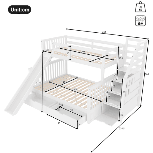 Cama beliche 90x200 sobre 140x200 - com gavetas, arrumação e escorregador - branco