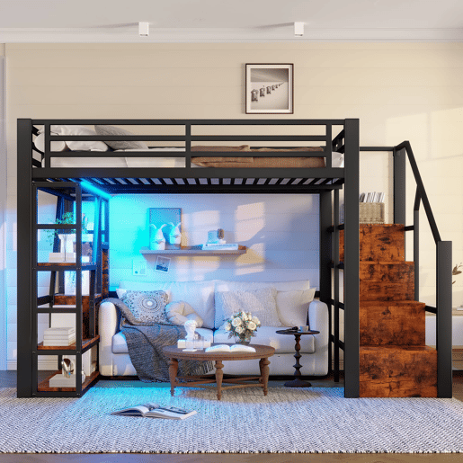 Cama loft 140x200 cm - Estrutura em ferro, prateleira, escada integrada, corrimão de segurança, luz LED - Preta