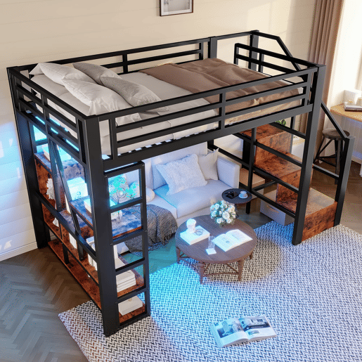 Cama loft 140x200 cm - Estrutura em ferro, prateleira, escada integrada, corrimão de segurança, luz LED - Preta
