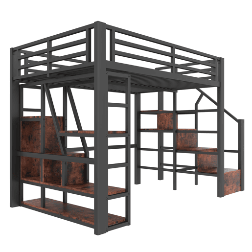 Cama loft 140x200 cm - Estrutura em ferro, prateleira, escada integrada, corrimão de segurança, luz LED - Preta