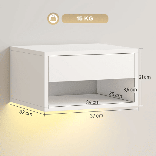 HOMCOM Conjunto de 2 Mesas de Cabeceira Flutuantes com Luzes LED RGB Controlo por APP Mesas de Cabeceira para Quarto com Gaveta Prateleira Aberta 37x32x21 cm Branco HOMCOM Conjunto de 2 Mesas de Cabeceira Flutuantes com Luzes LED RGB Controlo por APP Mesas de Cabeceira para Quarto com Gaveta Prateleira Aberta 37x32x21 cm Branco
