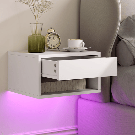 HOMCOM Conjunto de 2 Mesas de Cabeceira Flutuantes com Luzes LED RGB Controlo por APP Mesas de Cabeceira para Quarto com Gaveta Prateleira Aberta 37x32x21 cm Branco HOMCOM Conjunto de 2 Mesas de Cabeceira Flutuantes com Luzes LED RGB Controlo por APP Mesas de Cabeceira para Quarto com Gaveta Prateleira Aberta 37x32x21 cm Branco