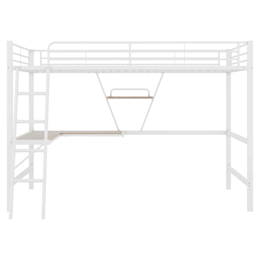 Cama alta 90x200 cm - Estrutura metálica, secretária em L, estante, sem colchão, branca