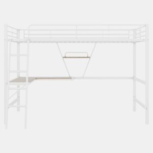 Cama alta 90x200 cm - Estrutura metálica, secretária em L, estante, sem colchão, branca