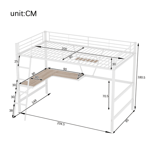 Cama alta 90x200 cm - Estrutura metálica, secretária em L, estante, sem colchão, branca
