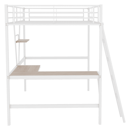 Cama alta 90x200 cm - Estrutura metálica, secretária em L, estante, sem colchão, branca