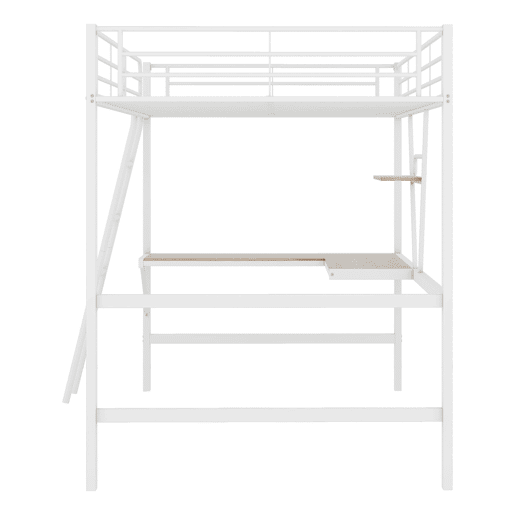 Cama alta 90x200 cm - Estrutura metálica, secretária em L, estante, sem colchão, branca