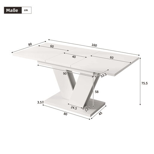 Conjunto de sala de jantar para 6 pessoas 120160x80 cm - Mesa extensível com pernas em V, cadeiras de veludo - Branco