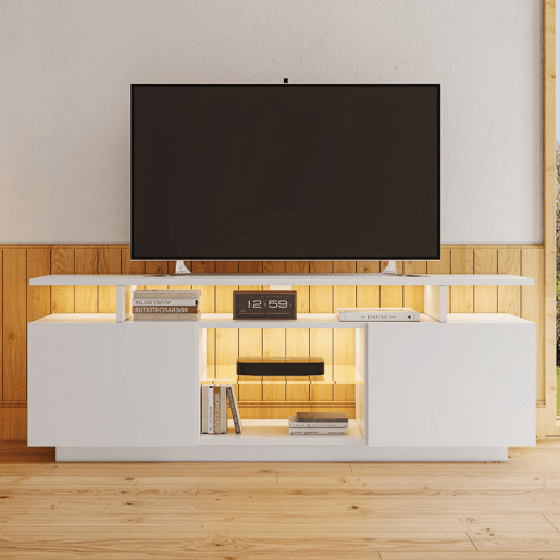Móvel de TV 140 cm - 16 cores LED, portas brilhantes com compartimentos de vidro - Branco Móvel de TV 140 cm - 16 cores LED, portas brilhantes com compartimentos de vidro - Branco