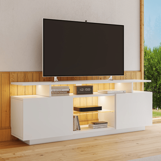 Móvel de TV 140 cm - 16 cores LED, portas brilhantes com compartimentos de vidro - Branco Móvel de TV 140 cm - 16 cores LED, portas brilhantes com compartimentos de vidro - Branco