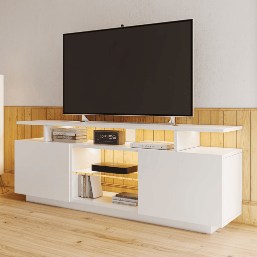 Móvel de TV 140 cm - 16 cores LED, portas brilhantes com compartimentos de vidro - Branco Móvel de TV 140 cm - 16 cores LED, portas brilhantes com compartimentos de vidro - Branco