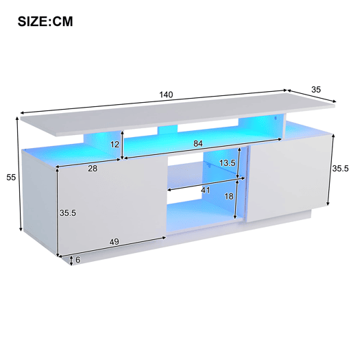 Móvel de TV 140 cm - 16 cores LED, portas brilhantes com compartimentos de vidro - Branco Móvel de TV 140 cm - 16 cores LED, portas brilhantes com compartimentos de vidro - Branco