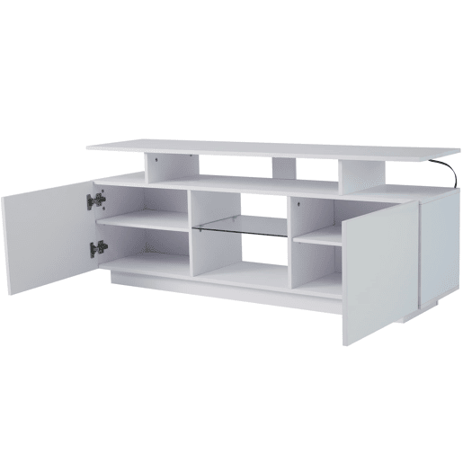 Móvel de TV 140 cm - 16 cores LED, portas brilhantes com compartimentos de vidro - Branco Móvel de TV 140 cm - 16 cores LED, portas brilhantes com compartimentos de vidro - Branco